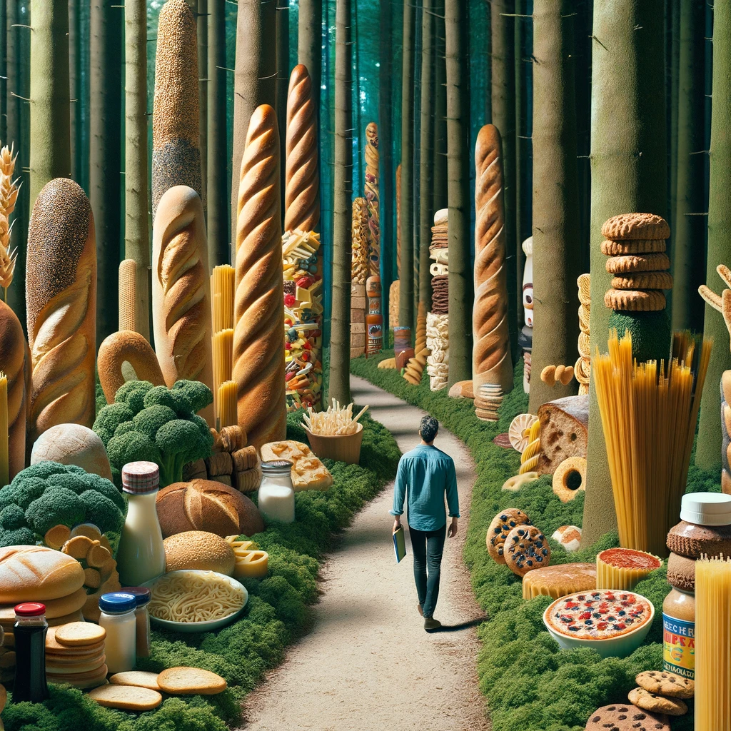 A surreal scene where a man is walking down a narrow path through a dense forest. Instead of trees, the forest is made of various gluten-containing products