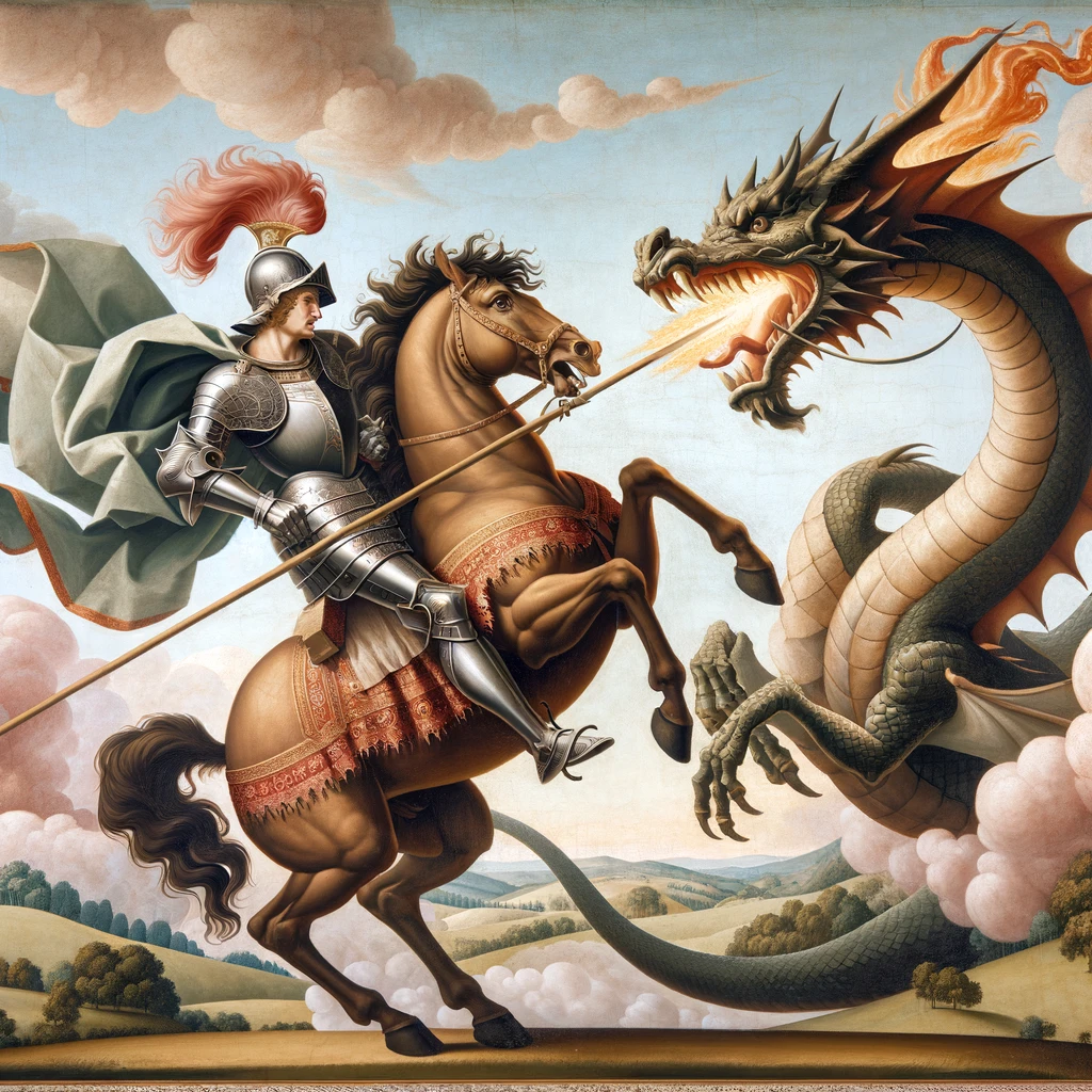 An AI fresco of St. George and the Dragon